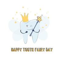 feliz día del hada de los dientes tarjeta de felicitación con lindo diente sonriente vector