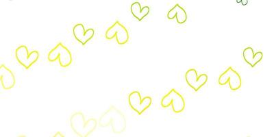 Fondo de vector verde claro, amarillo con corazones brillantes.