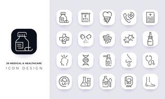 Line art incomplete medical and healthcare icon pack.