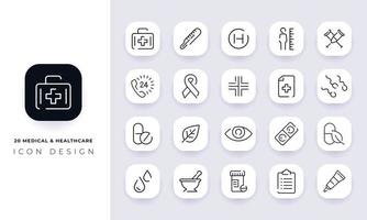 Line art incomplete medical and healthcare icon pack.
