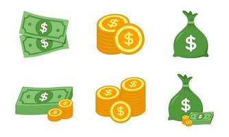 Illustration of dollar sign set with paper, coin and money bag vector