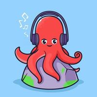 Cute octopus listen to music illustration vector