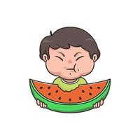 niño chibi kawaii comiendo sandía vector