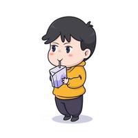 Cute chibi boy drinking illustration vector