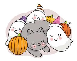 Cartoon cute hand draw black cat and ghosts sleep, Halloween vector. vector