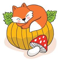 dibujos animados lindo mano dibujar zorro dormir en calabaza grande, vector de otoño.