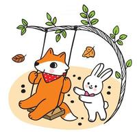 Cartoon cute hand draw fox and rabbit playing swing vector. vector