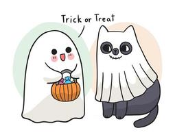 dibujos animados lindo dibujo a mano fantasma y gato negro, vector del día de halloween.