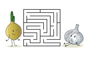 Square maze labyrinth with cartoon characters. Cute onion and garlic vector