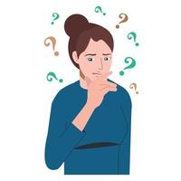 Portrait of young troubled woman. Girl with question mark in think vector