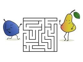 Square maze labyrinth with cartoon characters. Cute fruits plum vector