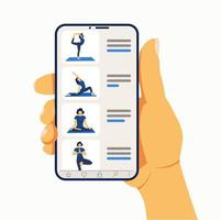 yoga en línea. Entrenador de niña en la pantalla de un teléfono inteligente lleva a cabo una lección vector