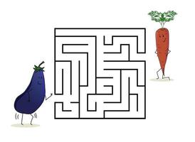 Square maze labyrinth with cartoon characters. Cute eggplant carrot vector