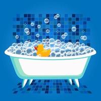 Ilustración de vector de hora de baño con bañera y pato de goma amarillo.