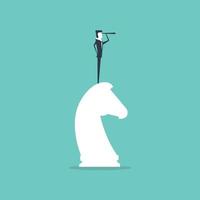 Businessman on top of horse chess piece using telescope. vector