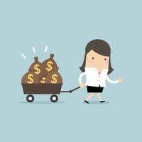 Businesswoman walking with a trolley full of money bags. vector