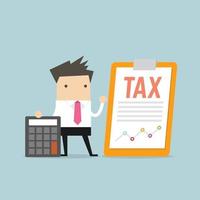 Businessman standing with tax document on clip board and calculator. vector