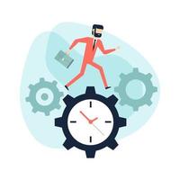 Businessman run along gear in form of clock. vector