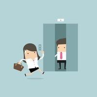 Businesswoman running to elevator and elevator is closing. vector