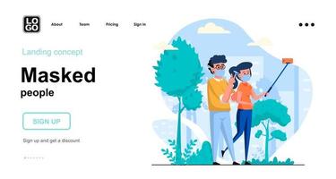 Masked people web concept landing page template vector