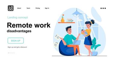 Remote work disadvantages web concept landing page template vector