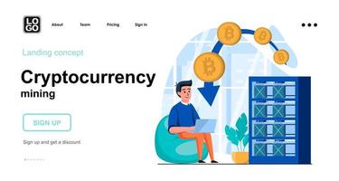 Cryptocurrency mining web concept landing page template vector