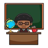 Cute teacher sitting in classroom cartoon icon illustration vector