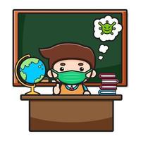 Cute teacher sitting in classroom cartoon icon illustration vector