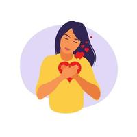 Young woman hugs a big heart with love and care. vector