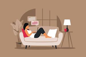 Home office concept, woman working from home lying down on a sofa. vector