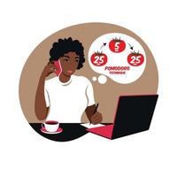 African girl manager working using time management. Pomodoro. vector