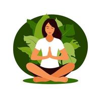 Woman meditating in nature. Meditation concept, relax, recreation. vector