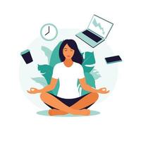 concepto de gestión del tiempo. mujer de negocios practicando meditación. vector