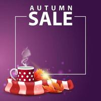 venta de otoño, banner web cuadrado para su sitio web con taza de té caliente vector