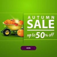 Autumn sale, banner with garden wheelbarrow with harvest of pumpkins vector