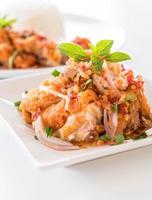 Spicy salad with fried chicken with rice photo