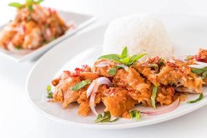 Spicy salad with fried chicken with rice photo