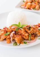 Spicy salad with fried chicken with rice photo