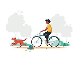 Black man riding bike with dog. Healthy lifestyle, outdoor activity vector