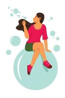 Woman is Enjoy Blowing Bubbles While Sitting on Big Bubble for Summer. vector