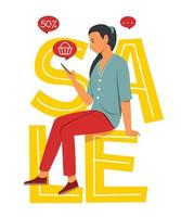 Woman is On Big Word is Sale and Enjoy Lifestyle with Discount Sale. vector