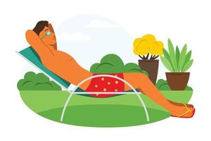 Man is Enjoy Sunbathing in Garden on the Summer Season. vector