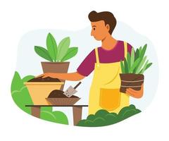 el hombre disfruta de la actividad de jardinería con las plantas en el jardín. vector