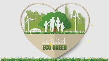 Family are walking in park of green city good environment Paper art vector