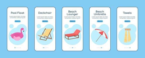 Beach equipment onboarding mobile app screen flat vector template