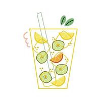 Glass with ice, kiwi slice and lemon, orange slice. Cocktail, lemonade vector