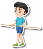 Cartoon character sticker with a boy holding wooden stick vector