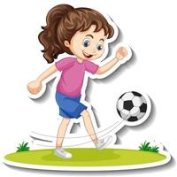 pegatina de personaje de dibujos animados con una niña jugando al fútbol vector