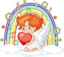 Cupido niño en la nube con símbolos de melodía en arco iris vector