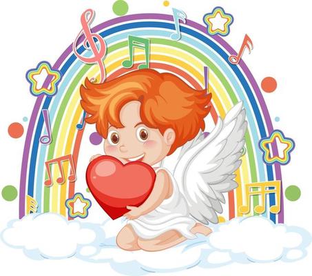Cupid boy on the cloud with melody symbols on rainbow